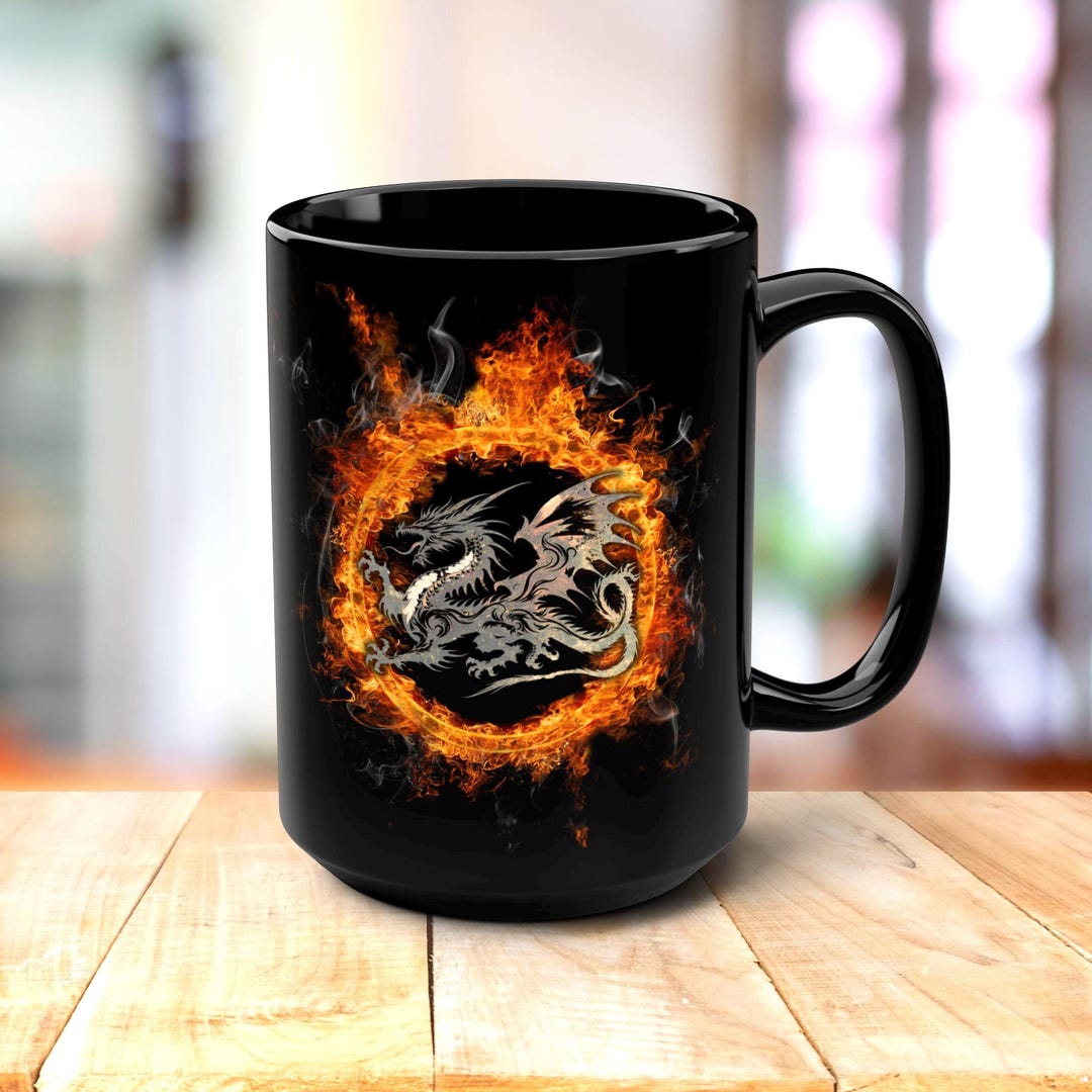 Fire Dragon Mug: Gothic Fantasy Coffee or Tea Cup, 15oz Black Ceramic ...