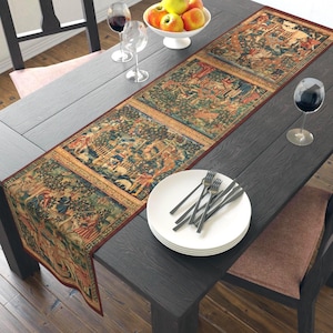 Medieval Tapestry Table Runner: Historic Hunting Scene Decor, Holidays or Everyday, 72" and 90"