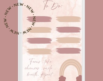 Puede incluir: Una lista de tareas imprimible con un esquema de color rosa y beige. La lista tiene un gráfico de arcoíris y el texto "To Do" y "Focus, take chances, smile, breath. Repeat". El texto "Descargar ahora" está en la parte inferior de la lista.
