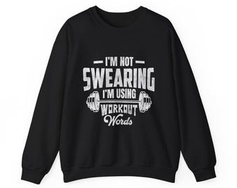 Sudadera unisex con cuello redondo y divertidas palabras de entrenamiento, ideal para gimnasio y fitness.