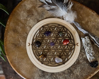 Sacred Geometry Crystal Activation Grid, Wooden in two different finishes