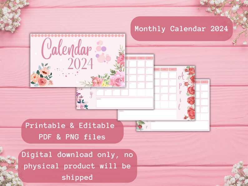 Monthly Calendar for 2024 Printable, Floral Style Calendar, A4 and