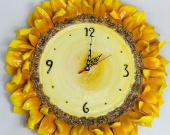 Handmade ceramic sunflower wall clock, handcrafted wall decoration, made in Italy, special gift