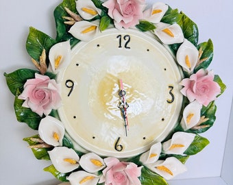 Horloge murale florale en céramique faite à la main, décoration murale, ameublement de maison, cadeau Unique