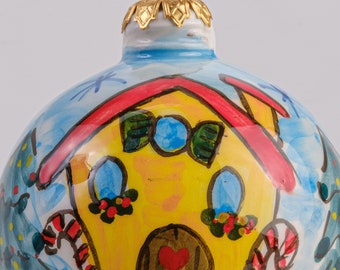 Boule de Noël en céramique (diamètre 10 cm) - Maison - Décoration de sapin de Noël - Décoration de Noël