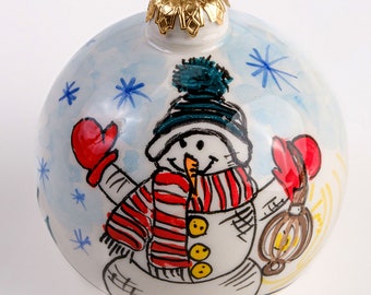 Boules de Noël en céramique (diamètre 10 cm) - Bonhomme de neige - Décoration de sapin de Noël - Décoration de Noël
