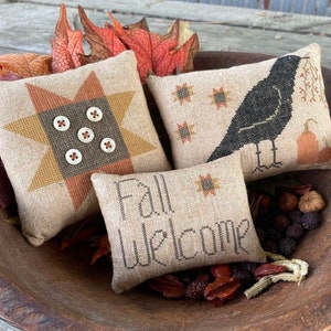 K&ouml;nnte beinhalten: Vier kleine, handgefertigte Stoffkissen mit Herbstmotiven. Die Kissen befinden sich in einer Holzschale mit getrockneten Bl&auml;ttern und Beeren. Die Kissen zeigen einen Stern, einen schwarzen Vogel, einen K&uuml;rbis und die Worte "Fall Welcome".