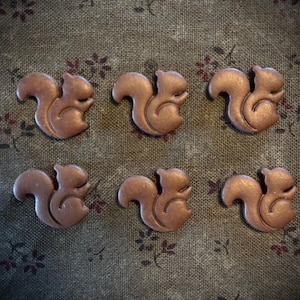 May include: Six bronze-colored squirrel-shaped embellishments arranged on a patterned fabric background. Each squirrel has a curled tail and is in a sitting position. The fabric has a floral design.