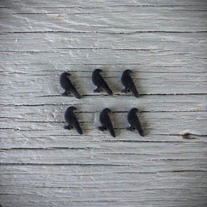 May include: Six small, black raven-shaped ornaments are arranged in two rows on a weathered, gray wooden surface. The ravens are facing to the right, with their wings slightly spread. The background is a rustic, textured wood.
