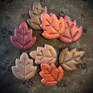 May include: A collection of seven metallic leaf-shaped embellishments in shades of brown, copper, and burgundy. Each leaf has a detailed vein pattern. The leaves are arranged on a dark green fabric with a floral pattern.