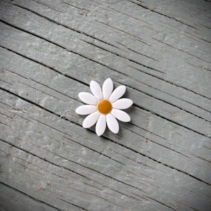 May include: A white daisy with a yellow center rests on a weathered, gray wooden surface. The daisy has multiple white petals surrounding a circular, yellow center. The wooden planks are angled, creating a diagonal pattern.