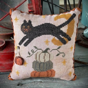 May include: A decorative, square pillow with a Halloween theme. The pillow features a black cat leaping across a yellow crescent moon, with pumpkins and stars. The pillow has an orange border and a small pumpkin charm.