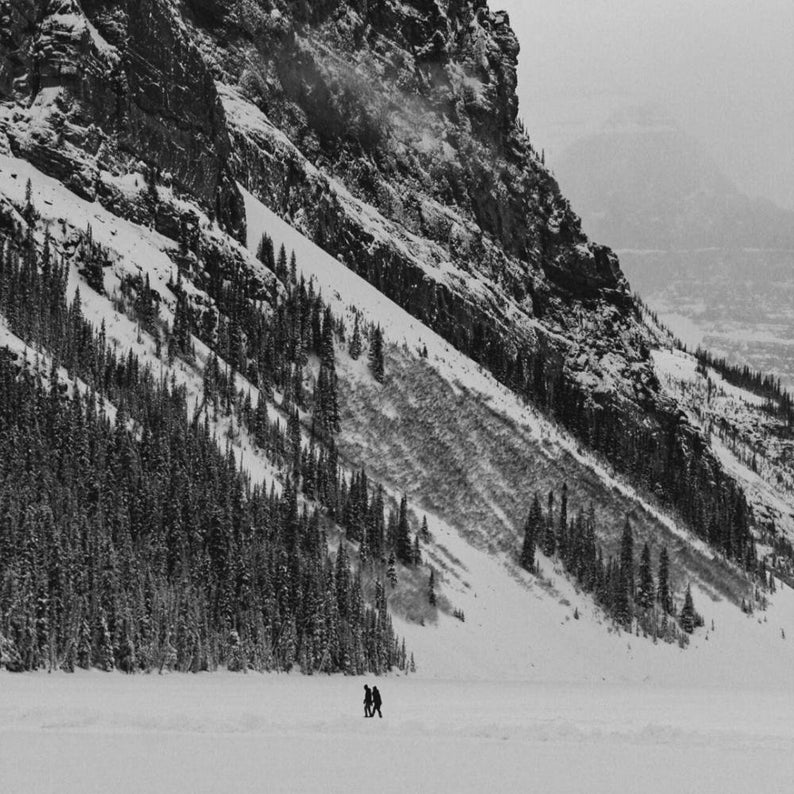Frostfall Scenic Mountain Art Print, Moody Winter Wall Art, Black & White Mountain Photography, Lake Louise, Rocky Mountain Wall Decor image 4