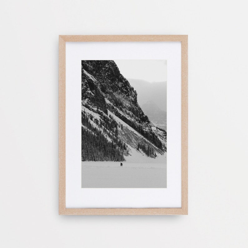 Frostfall Scenic Mountain Art Print, Moody Winter Wall Art, Black & White Mountain Photography, Lake Louise, Rocky Mountain Wall Decor image 1