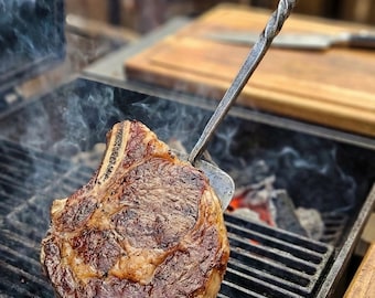 Hand Forged Pigtail Meat Flipper - Personalized BBQ Grill Tool for Dad - Blacksmith Made Steel Steak Turner - Grilling Gift for Men