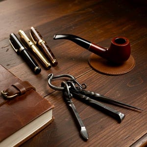Hand Forged Pipe Tool Set – Pick Reamer & Tamper on Forged Ring | Blacksmith Made Tobacco Pipe Tools | Gift for Pipe Smoker | Made in USA