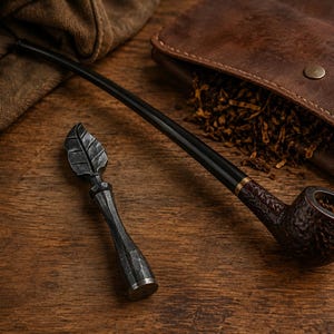 Puede incluir: Una pipa de tabaco larga y curva con cazoleta oscura y texturizada y boquilla negra, acompañada de un atacador de metal forjado a mano con forma de hoja. El atacador tiene un acabado martillado y la pipa incluye una pequeña banda metálica.