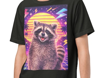 May include: Black t-shirt featuring a smiling raccoon graphic set against a retro sunset backdrop with palm trees and lightning bolts. The raccoon is depicted in shades of brown and gray.