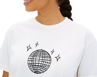 Disco Ball Boxy T-Shirt, Cosmic Vibes Women's Boxy Tee, Retro Graphic Tee, Girls Trip Outfit, Bachelorette Party Top, Festival Apparel