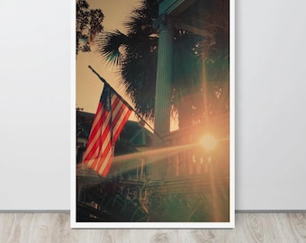 American Flag Photography Print – Patriotic Wall Art, Southern Porch Decor, Vintage Sunset Americana Photo Poster