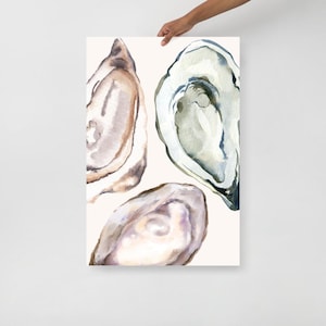 Oyster Poster in Watercolor, Oyster Wall Art, Coastal Wall Art Decor, Beachy Wall Art