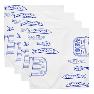 White Sardine Napkin Set - Pack of 4 Cloth Napkins With Adorable Sardine Print - Fisherman Aesthetic Kitchen Decor