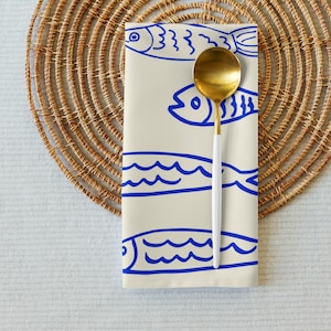 Kitchen Napkin Set with Adorable Sardine Art - Pack of 4 Cloth Napkins With Sardine Print