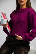 Handmade knitted burgundy sweater, minimalistic elegant pullover, sweater for winter, puffed sleeves pullover, cozy winter sweater for woman product logo