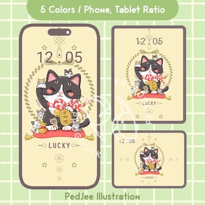 Fondo de pantalla de Lucky Cat / Lindo gato negro afortunado / Maneki Neko / Gato de bienvenida / Lindo fondo de pantalla digital / 5 colores pastel / Teléfono y tableta