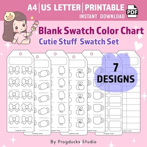 Puede incluir: Tabla de muestras de color en blanco imprimible con siete diseños, incluyendo lazos, caramelos, helados, manzanas y tazas. El texto "Cutie Stuff Swatch Set" se muestra sobre un fondo rosa. La imagen también incluye el texto "A4 US LETTER PRINTABLE" y "INSTANT DOWNLOAD".