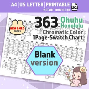 Peut inclure: Un nuancier imprimable 363 Ohuhu Honolulu Chromatic Color 1Page-Swatch Chart avec une version vierge, des anciens et nouveaux codes, et une illustration de personnage. Le document inclut des catégories comme gris neutre, pêche et bleu.