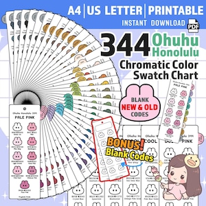 Ohuhu Honolulu 344 staalkaart | Alcoholmarkers chromatische kleurenkaart | Voorgevulde en blanco afdrukbare sjabloon (digitale download)