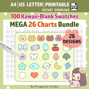 Puede incluir: Una descarga digital imprimible con 100 Kawaii-Blank Swatches y un MEGA 26 Charts Bundle. El diseño incluye varias ilustraciones lindas, como animales, lazos y alimentos. El texto en la imagen dice "A4 US LETTER PRINTABLE" y "INSTANT DOWNLOAD".