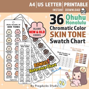 Peut inclure: Tableau d'échantillons de tons de peau Ohuhu Honolulu 36 imprimable avec codes de couleurs. Comprend un tableau de référence en prime. Le design présente un personnage de dessin animé mignon et le texte "Blank New & Old Codes".