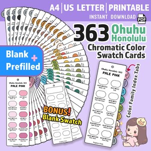 May include: A set of 363 Ohuhu Honolulu chromatic colour swatch cards in A4 and US Letter printable formats. Includes blank and prefilled templates, a bonus blank swatch card, and colour family index tabs with labels like Pale Pink.
