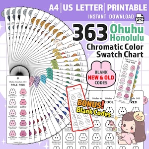May include: A printable Ohuhu Honolulu 363 chromatic color swatch chart. The design includes a fan of color swatches, a bonus blank code chart, and the text "A4 US Letter Printable Instant Download".