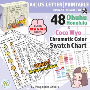 Peut inclure: Un nuancier numérique imprimable pour 48 marqueurs Ohuhu Honolulu et série B, issu d'une collaboration avec Coco Wyo. L'ensemble comprend des fichiers PDF A4 et US Letter, un tableau de référence bonus et des pages avec des icônes de lapins pour tester les couleurs, conçus par Progducks Studio.