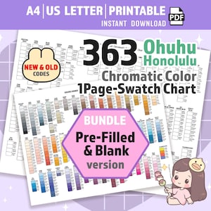 May include: A digital colour swatch chart for 363 Ohuhu Honolulu markers, featuring a pre-filled and blank version. The document includes colour codes, categories like neutral grey, blue, and green, and a cartoon character illustration.