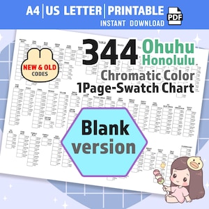 Peut inclure: Un nuancier imprimable au format A4 et US Letter pour 344 marqueurs Ohuhu Honolulu. Le document blanc présente une grille de carrés vides organisés par catégories de couleurs avec les codes correspondants et une illustration de personnage.