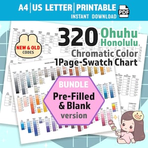 May include: A digital download bundle featuring a 320 Ohuhu Honolulu chromatic color swatch chart in A4 and US Letter sizes. The document includes both pre-filled and blank versions with color codes, organized by hue, for marker organization.