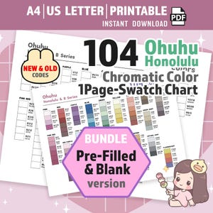 以下が含まれることがあります： 104色のOhuhuホノルルマーカー用デジタル印刷可能A4およびUSレターサイズカラーチャート。ドキュメントには、ピンク、赤、紫、青、緑、黄、茶、グレーなどの色カテゴリを含む、記入済みおよび空白のバージョンが含まれています。
