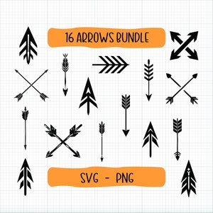 Peut inclure: Un ensemble de 16 fichiers numériques de flèches noires en SVG et PNG. Les flèches sont de styles variés, notamment des flèches simples, en chevron et croisées. Le texte "16 Arrows Bundle" et "SVG - PNG" est inclus dans l'image.