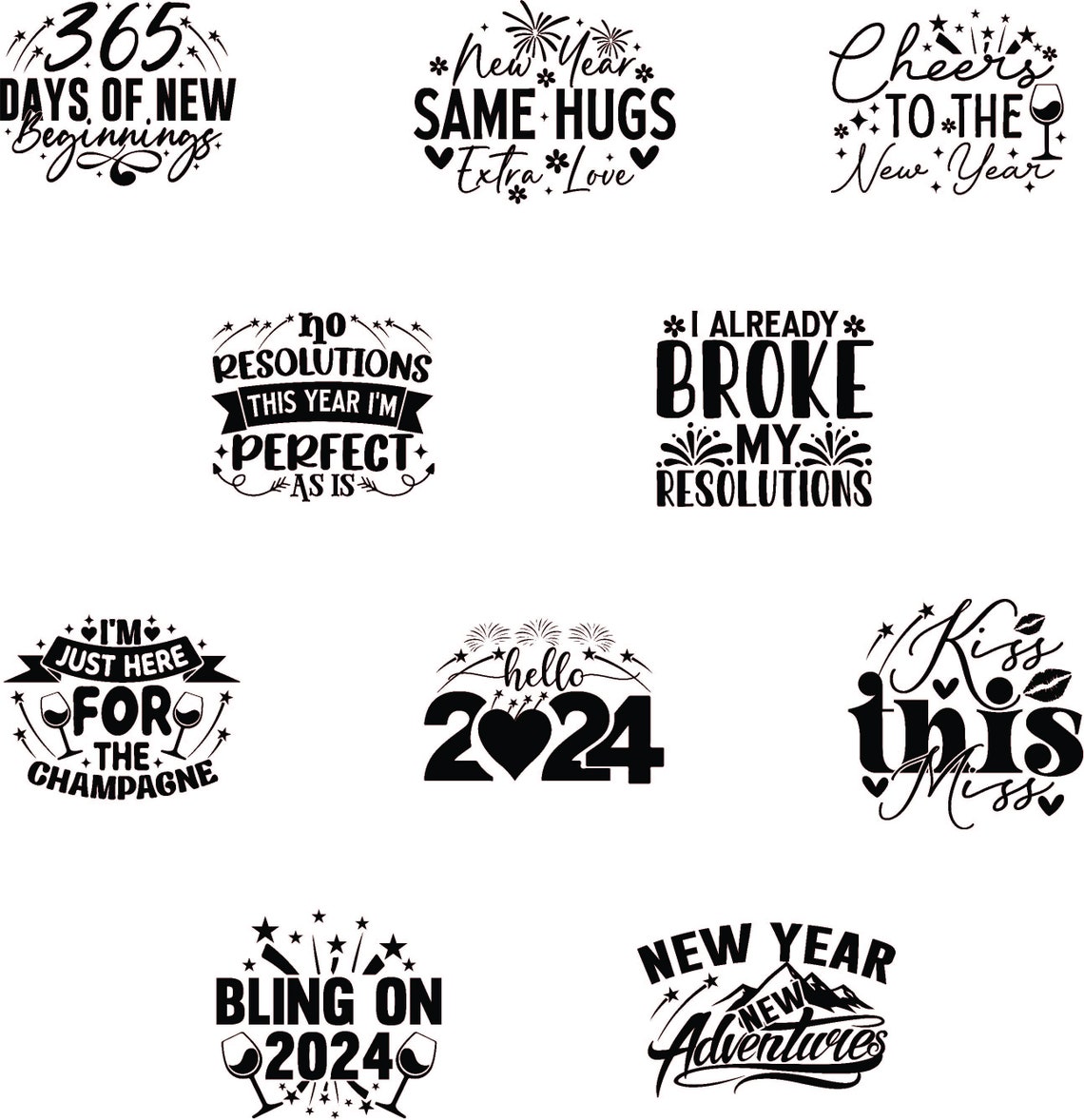 New Years 2024 SVG Bundle Funny, Cute Sarcastic Quotes About New Years