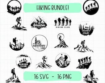 Pacote SVG de caminhada! 16 Caminhadas e Aventura svg png, aventura svg, svg ao ar livre, svg de viagem, natureza svg, montanha svg, explorar svg camisa de caminhada
