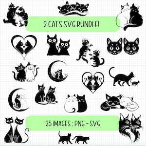 Lot de 2 chats SVG ! 25 téléchargement numérique PNG, SVG, svg pour amoureux des chats, visage de chat svg, png de chat, clipart chat, chat mignon svg, svg minou, svg chat noir