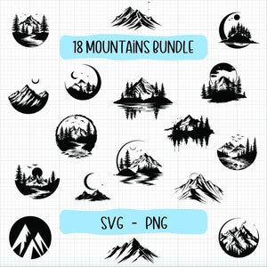 18 berg SVG-bundel! Berg png, landschap svg, berg silhouet, berg clipart, buiten svg, laserbestand, verkennen svg, maan svg