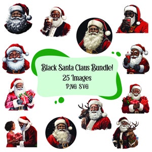 New for 2023! Black Santa Claus Christmas SVG Bundle! 25 watercolor, cartoon, cute images and pictures of Black Santa, Black Santa svg