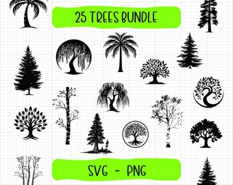 ¡Paquete SVG de 25 árboles! Pino svg, palmera svg, árbol de la vida svg, árbol con raíces, archivo cortado de árbol, árbol dibujado a mano, roble, abedul