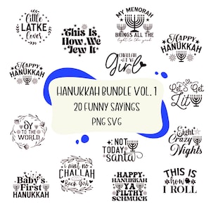 Funny Hanoucca SVG PNG Bundle - Menorah svg, svg Dreidel, svg juif, svg sarcastique, latke svg, svg challah, premier Hanoucca de bébé, fichiers coupés