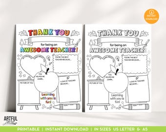 Thank You Teacher Printables, Personalized Teacher Appreciation Coloring Card, End Of Year, Digital Download